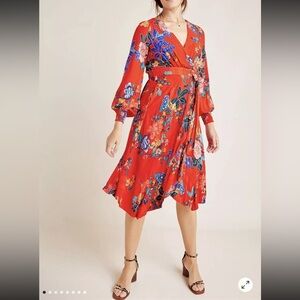 Anthropologie Boswell Textured Tunic Faux‎ Wrap Dress 100% Viscose Red 8